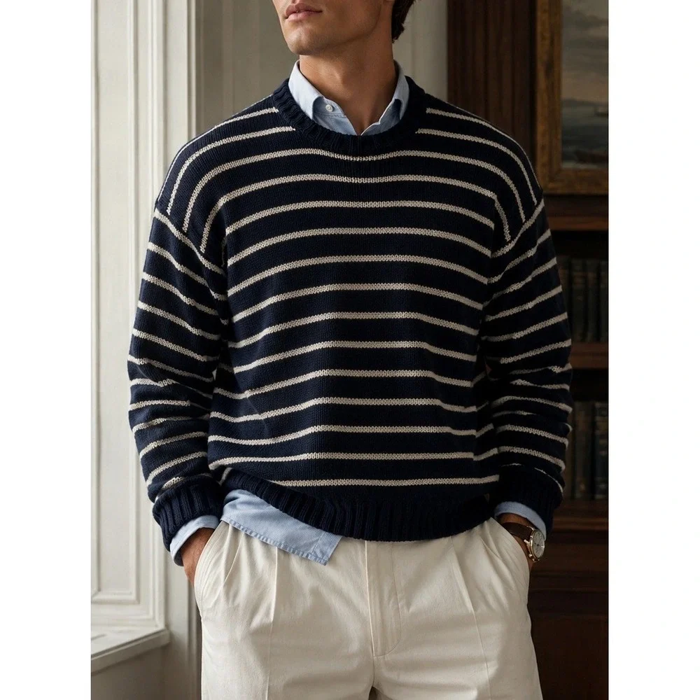 Vintage Polo Ralph Lauren Sweater Men XL Navy Stripe Linen Cotton Old Money 90s